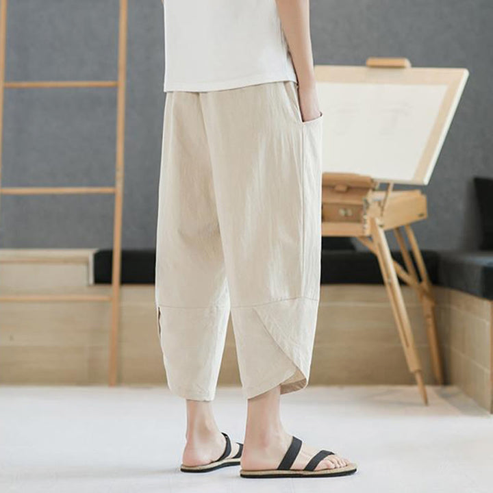 Pantaloni da uomo estivi Buddha Stones, tinta unita, in cotone e lino, con coulisse, lunghezza 7-8, con tasche