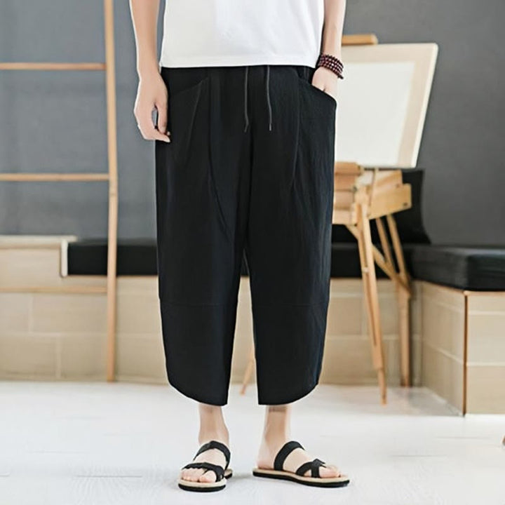 Pantaloni da uomo estivi Buddha Stones, tinta unita, in cotone e lino, con coulisse, lunghezza 7-8, con tasche