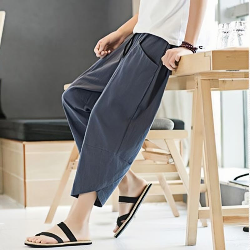 Pantaloni da uomo estivi Buddha Stones, tinta unita, in cotone e lino, con coulisse, lunghezza 7-8, con tasche