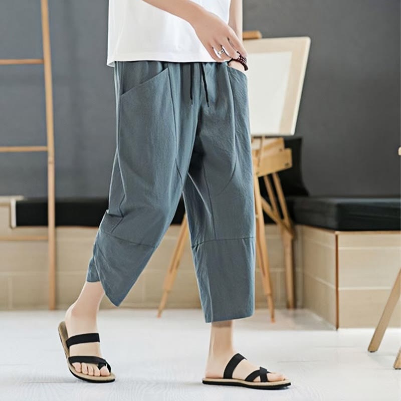 Pantaloni da uomo estivi Buddha Stones, tinta unita, in cotone e lino, con coulisse, lunghezza 7-8, con tasche