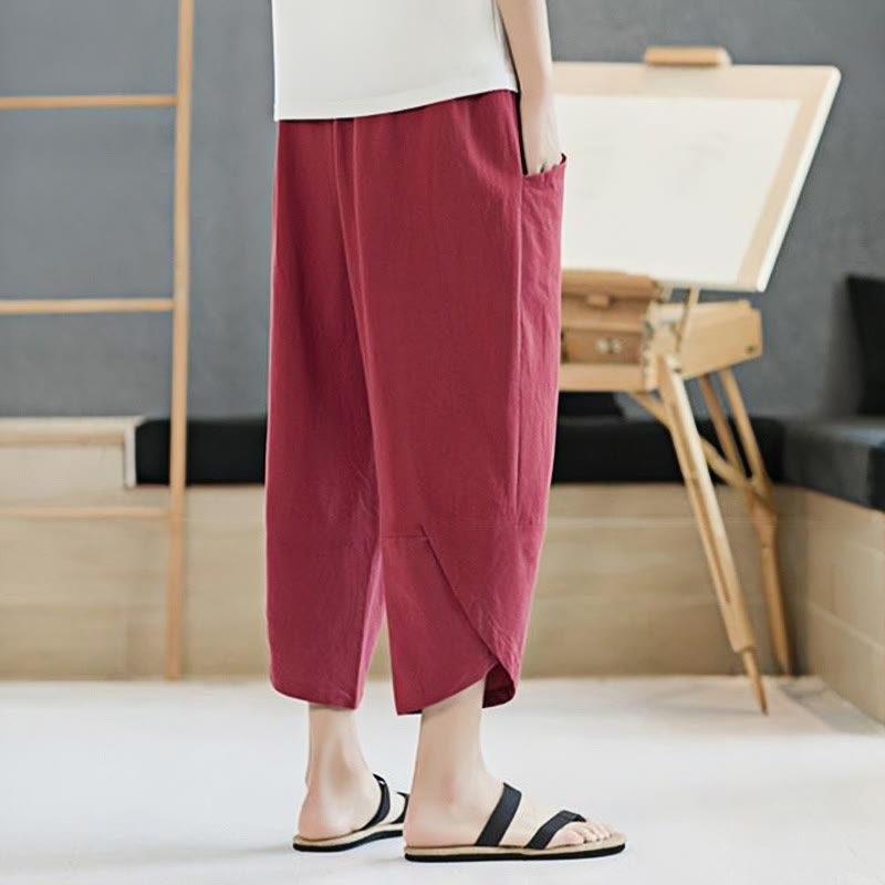 Pantaloni da uomo estivi Buddha Stones, tinta unita, in cotone e lino, con coulisse, lunghezza 7-8, con tasche