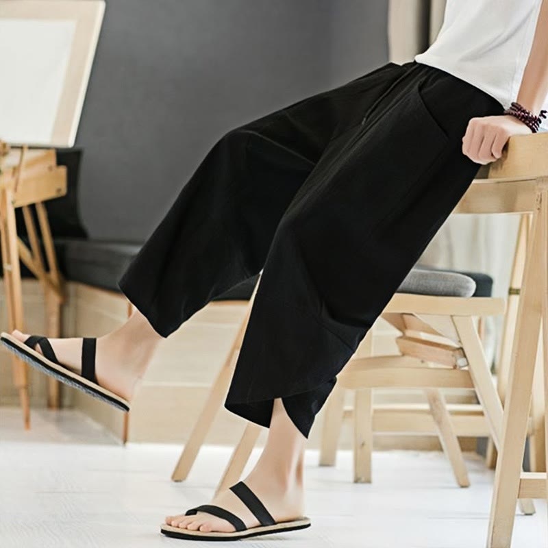 Pantaloni da uomo estivi Buddha Stones, tinta unita, in cotone e lino, con coulisse, lunghezza 7-8, con tasche