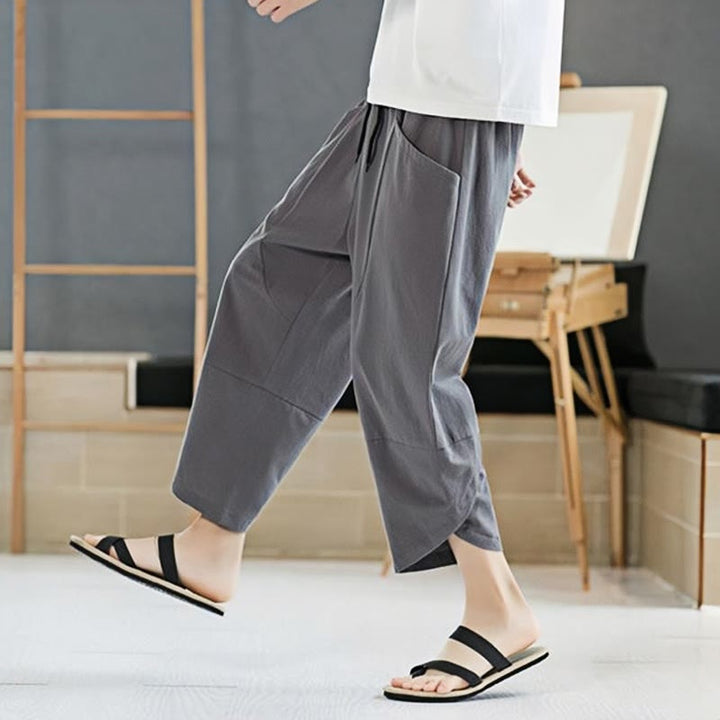 Pantaloni da uomo estivi Buddha Stones, tinta unita, in cotone e lino, con coulisse, lunghezza 7-8, con tasche