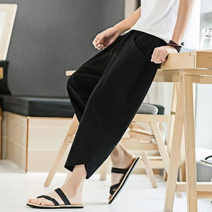 Pantaloni da uomo estivi Buddha Stones, tinta unita, in cotone e lino, con coulisse, lunghezza 7-8, con tasche