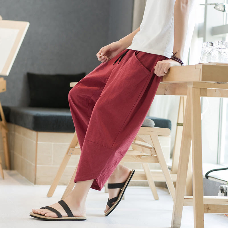 Pantaloni da uomo estivi Buddha Stones, tinta unita, in cotone e lino, con coulisse, lunghezza 7-8, con tasche