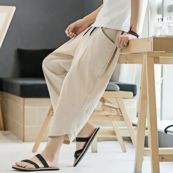 Pantaloni da uomo estivi Buddha Stones, tinta unita, in cotone e lino, con coulisse, lunghezza 7-8, con tasche