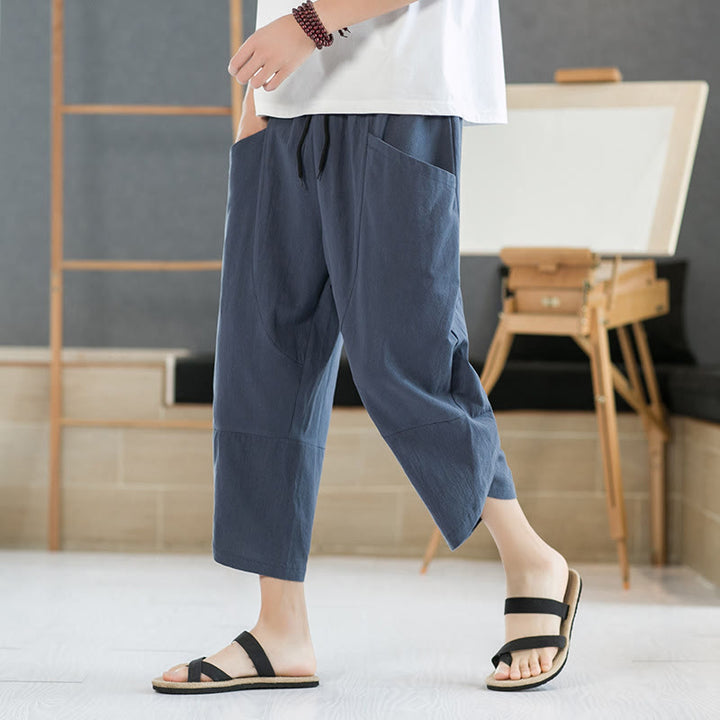 Pantaloni da uomo estivi Buddha Stones, tinta unita, in cotone e lino, con coulisse, lunghezza 7-8, con tasche