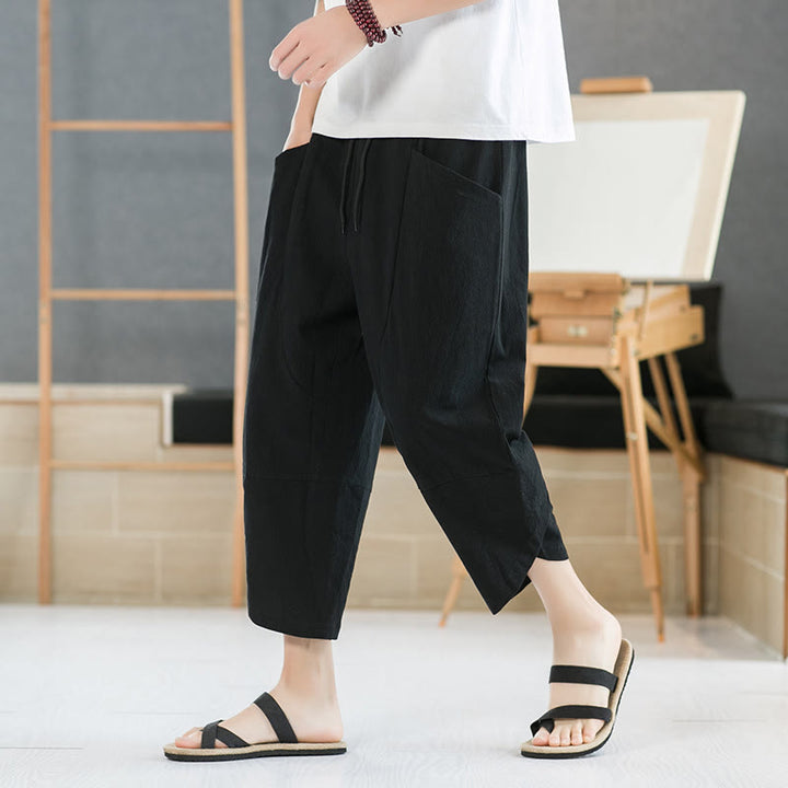 Pantaloni da uomo estivi Buddha Stones, tinta unita, in cotone e lino, con coulisse, lunghezza 7-8, con tasche