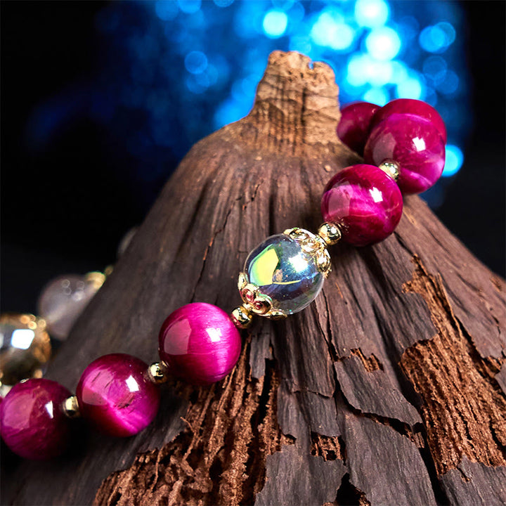 Buddha Stones Occhio di tigre rosso naturale Perle di occhio di tigre viola Braccialetto di protezione con foglia verde