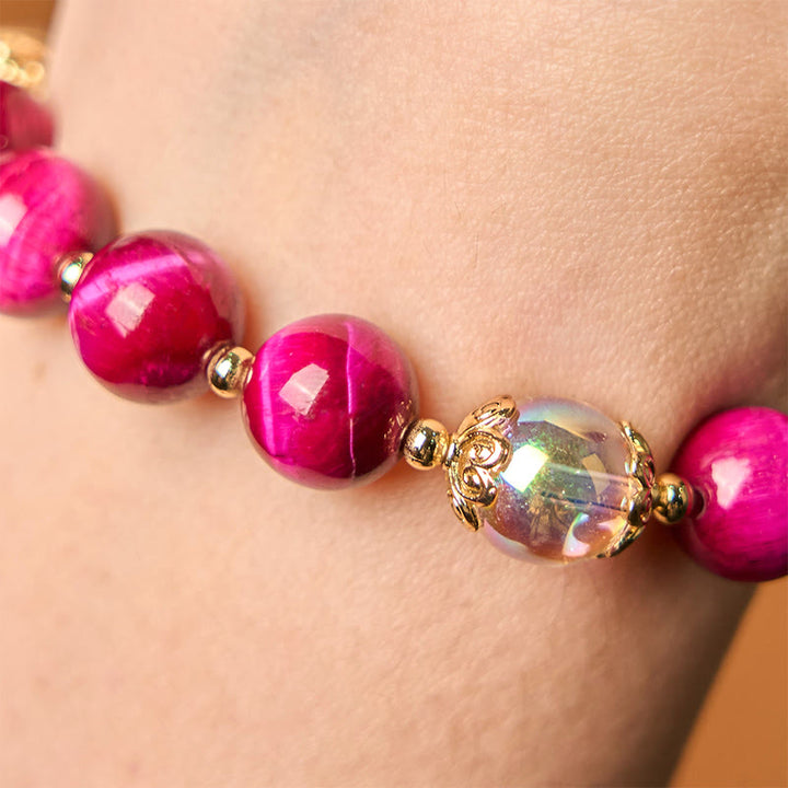 Buddha Stones Occhio di tigre rosso naturale Perle di occhio di tigre viola Braccialetto di protezione con foglia verde