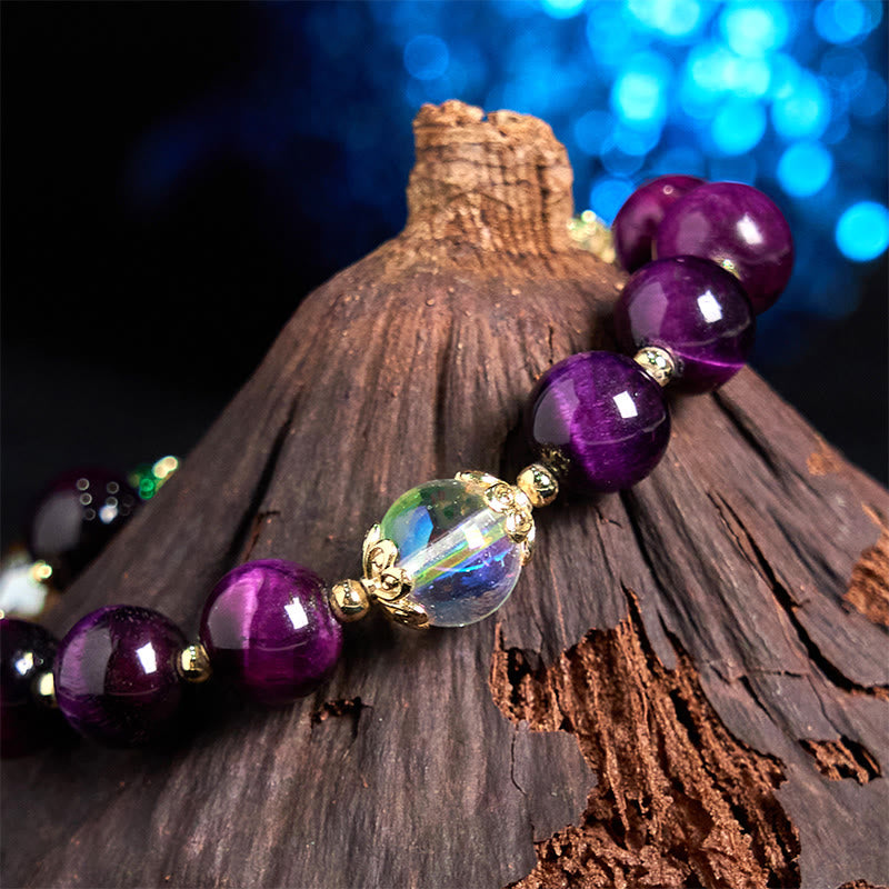 Buddha Stones Occhio di tigre rosso naturale Perle di occhio di tigre viola Braccialetto di protezione con foglia verde