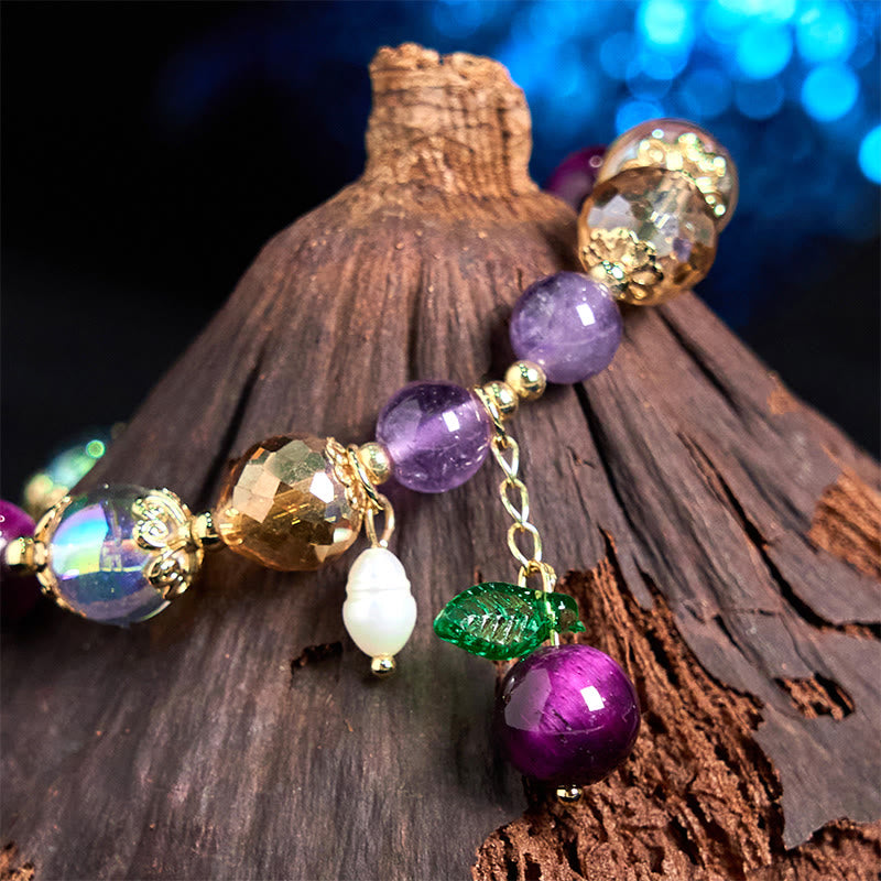 Buddha Stones Occhio di tigre rosso naturale Perle di occhio di tigre viola Braccialetto di protezione con foglia verde