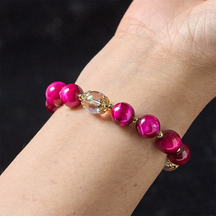 Buddha Stones Occhio di tigre rosso naturale Perle di occhio di tigre viola Braccialetto di protezione con foglia verde