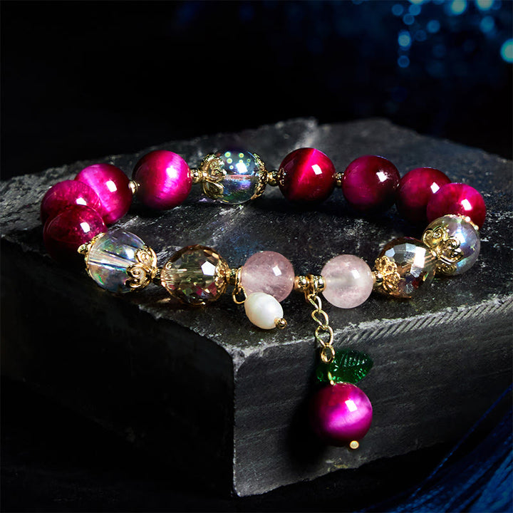 Buddha Stones Occhio di tigre rosso naturale Perle di occhio di tigre viola Braccialetto di protezione con foglia verde