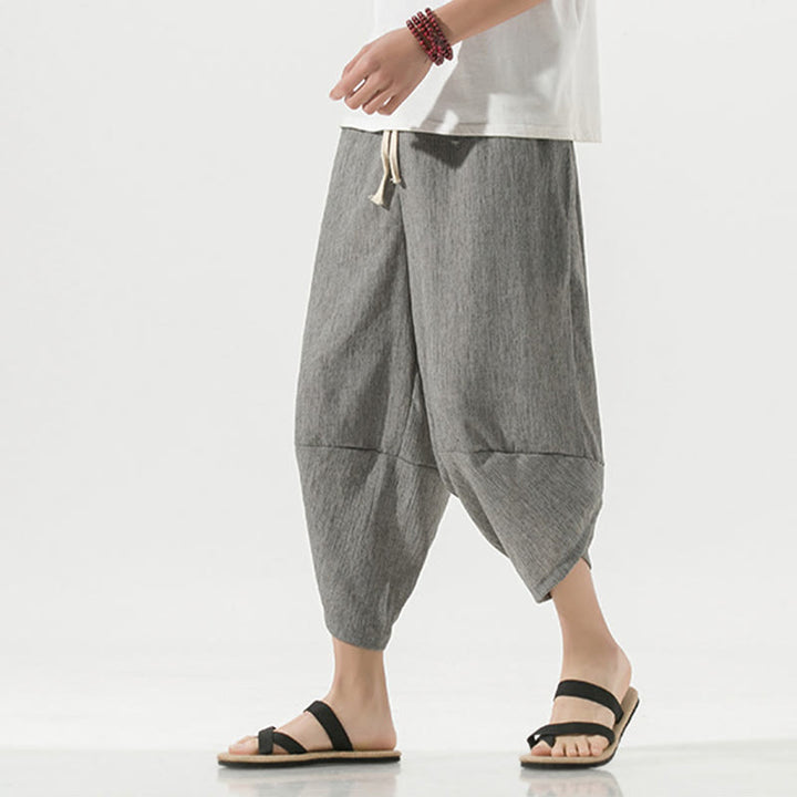 Pantaloni harem da uomo in lino con tasche, lunghezza 7-8, con coulisse, design semplice e semplice, motivo Buddha Stones