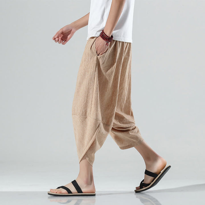 Pantaloni harem da uomo in lino con tasche, lunghezza 7-8, con coulisse, design semplice e semplice, motivo Buddha Stones