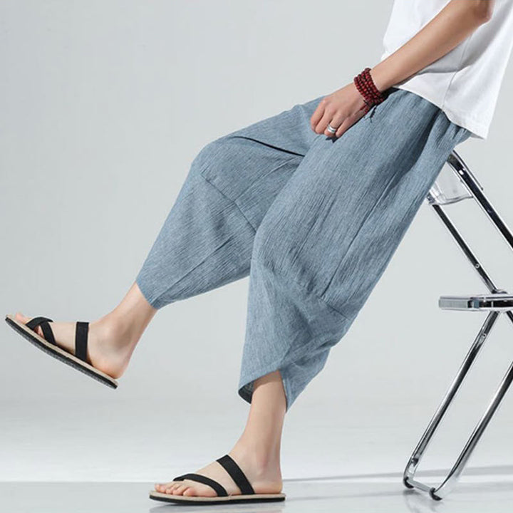 Pantaloni harem da uomo in lino con tasche, lunghezza 7-8, con coulisse, design semplice e semplice, motivo Buddha Stones