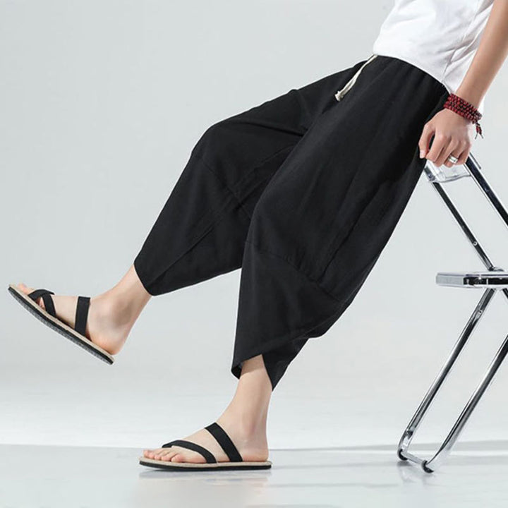 Pantaloni harem da uomo in lino con tasche, lunghezza 7-8, con coulisse, design semplice e semplice, motivo Buddha Stones