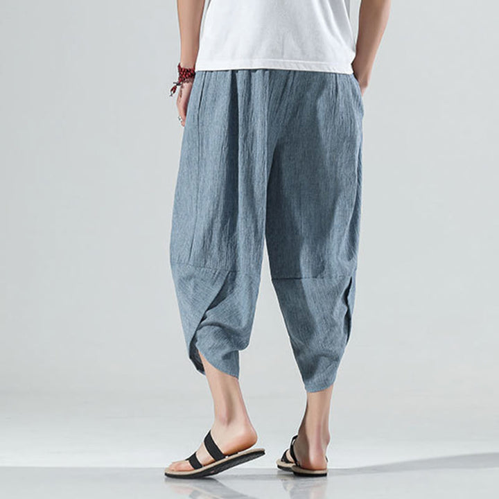 Pantaloni harem da uomo in lino con tasche, lunghezza 7-8, con coulisse, design semplice e semplice, motivo Buddha Stones