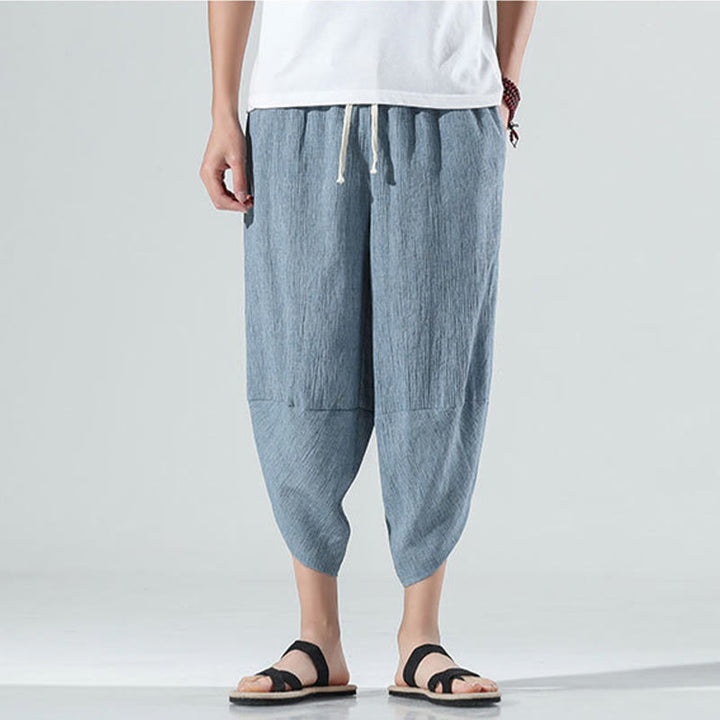 Pantaloni harem da uomo in lino con tasche, lunghezza 7-8, con coulisse, design semplice e semplice, motivo Buddha Stones