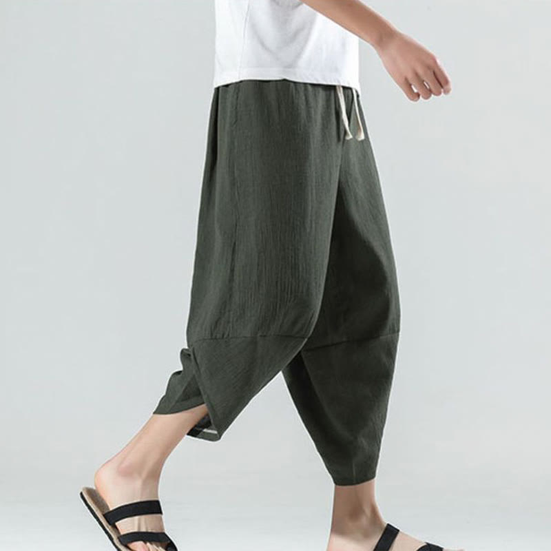 Pantaloni harem da uomo in lino con tasche, lunghezza 7-8, con coulisse, design semplice e semplice, motivo Buddha Stones