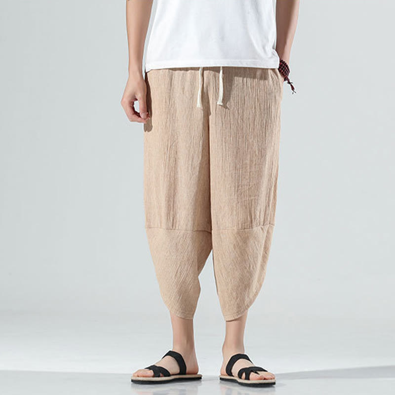 Pantaloni harem da uomo in lino con tasche, lunghezza 7-8, con coulisse, design semplice e semplice, motivo Buddha Stones