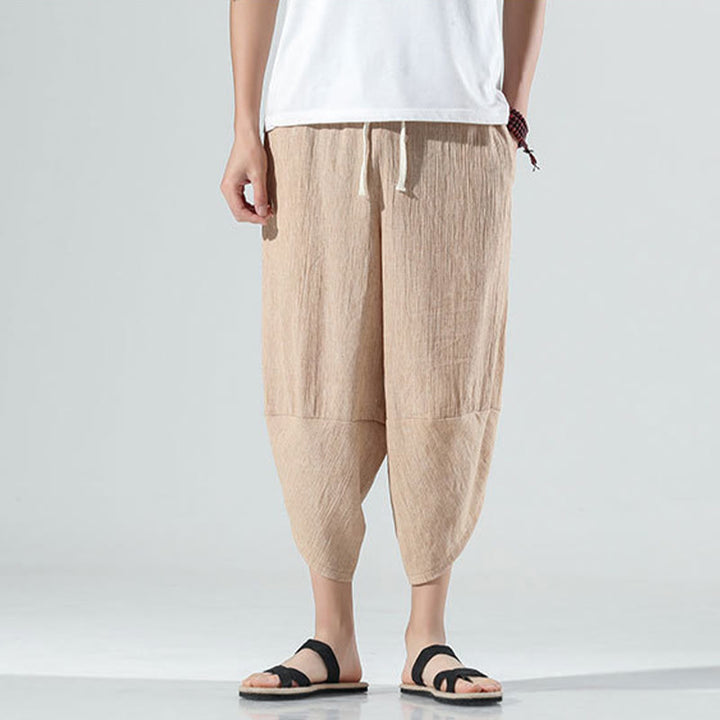 Pantaloni harem da uomo in lino con tasche, lunghezza 7-8, con coulisse, design semplice e semplice, motivo Buddha Stones