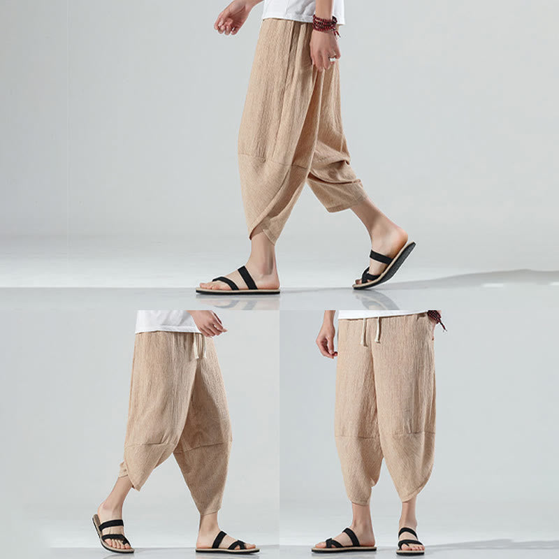 Pantaloni harem da uomo in lino con tasche, lunghezza 7-8, con coulisse, design semplice e semplice, motivo Buddha Stones