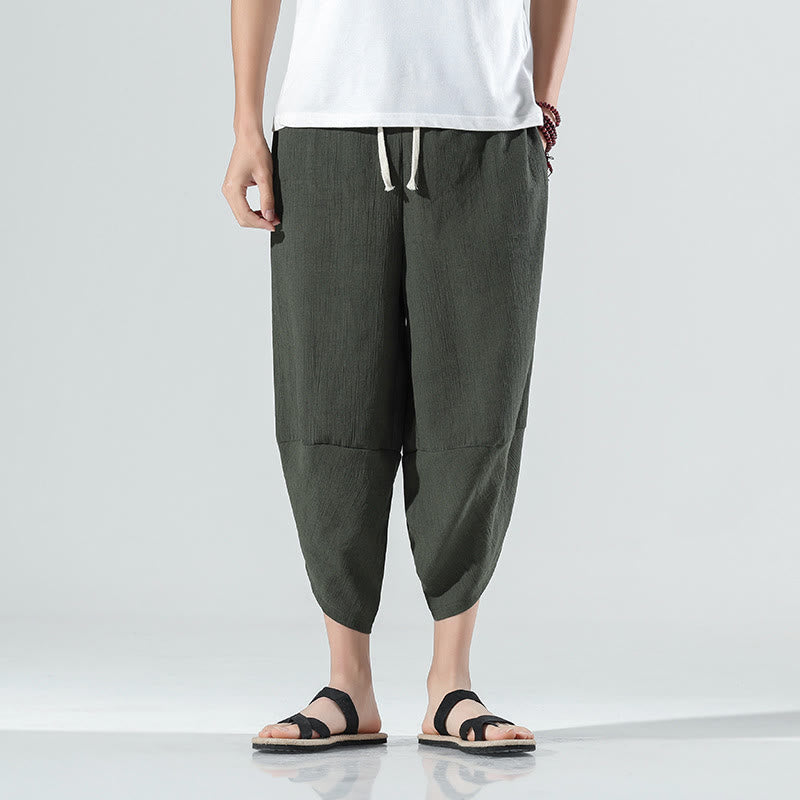 Pantaloni harem da uomo in lino con tasche, lunghezza 7-8, con coulisse, design semplice e semplice, motivo Buddha Stones