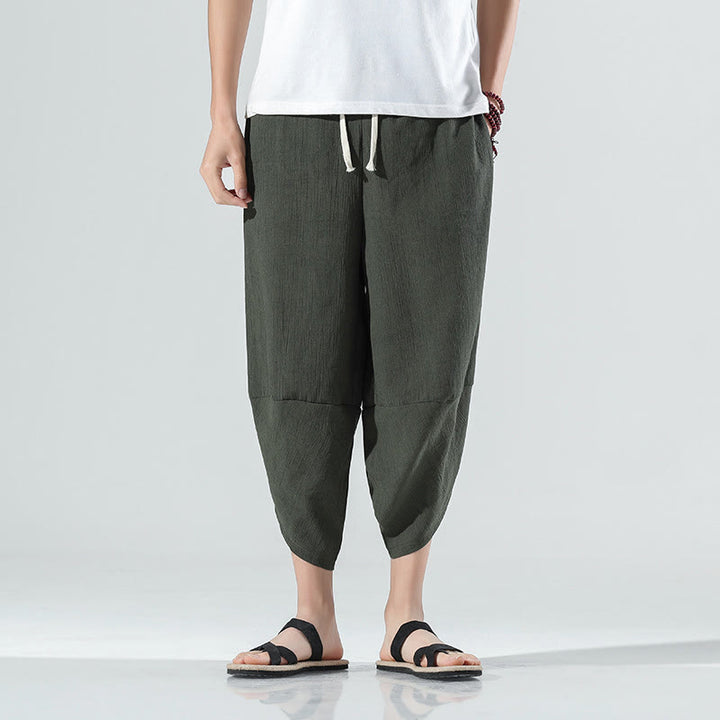 Pantaloni harem da uomo in lino con tasche, lunghezza 7-8, con coulisse, design semplice e semplice, motivo Buddha Stones