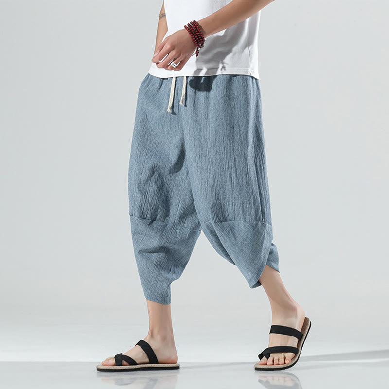Pantaloni harem da uomo in lino con tasche, lunghezza 7-8, con coulisse, design semplice e semplice, motivo Buddha Stones