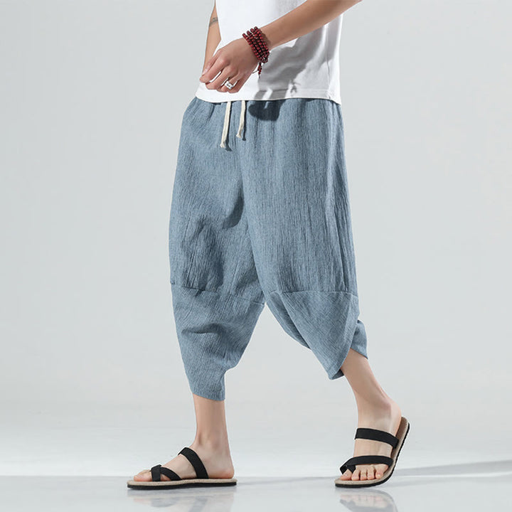 Pantaloni harem da uomo in lino con tasche, lunghezza 7-8, con coulisse, design semplice e semplice, motivo Buddha Stones