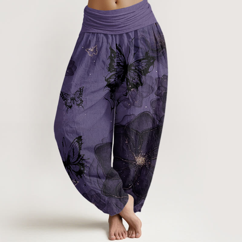 Pantaloni harem da donna con elastico in vita e motivo a fiori e farfalle con Buddha Stones - Viola scuro - US22, UK/AU26, EU54 (6XL) - image 1