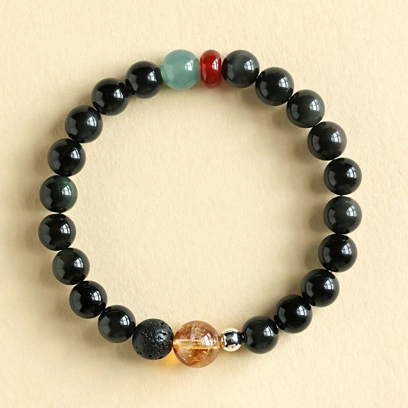 Bracciale Buddha Stones con perle di ossidiana nera naturale e forza di realizzazione