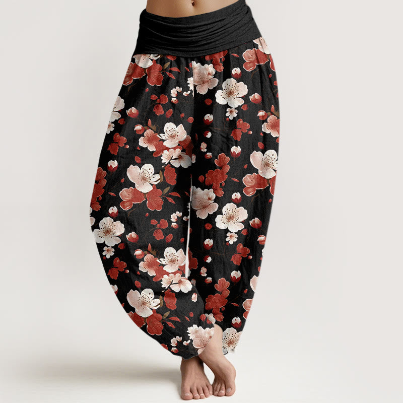 Pantaloni harem da donna con elastico in vita e motivo Buddha Stones Rosa e Rosso con fiori di pesco - Nero - US22, UK/AU26, EU54 (6XL) - image 1