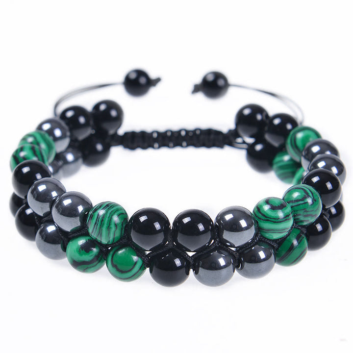 Bracciale anti-ansia con perline a doppia fila in malachite naturale, magnetite nera e ossidiana nera Buddha Stones
