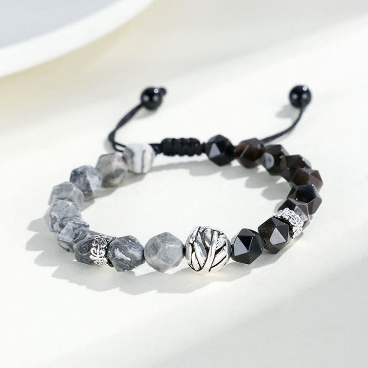 Bracciale di protezione con perline a foglia arrotolata in argento sterling 925, ossidiana naturale a taglio irregolare, diaspro grigio, Buddha Stones