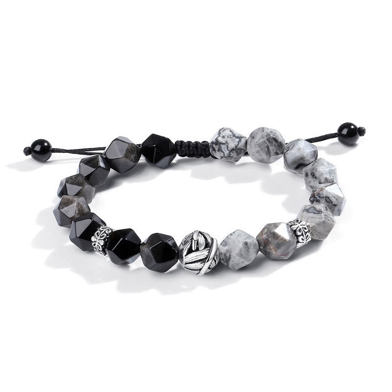 Bracciale di protezione con perline a foglia arrotolata in argento sterling 925, ossidiana naturale a taglio irregolare, diaspro grigio, Buddha Stones