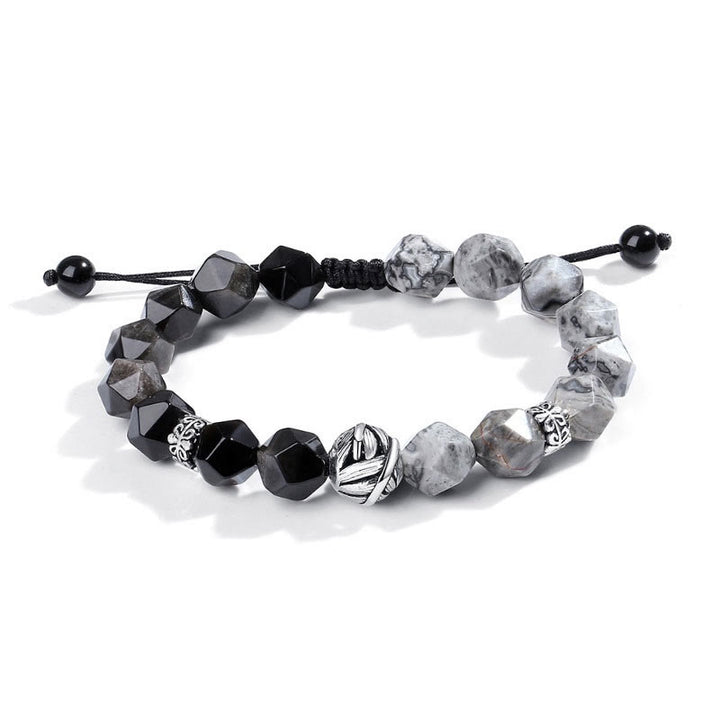 Bracciale di protezione con perline a foglia arrotolata in argento sterling 925, ossidiana naturale a taglio irregolare, diaspro grigio, Buddha Stones