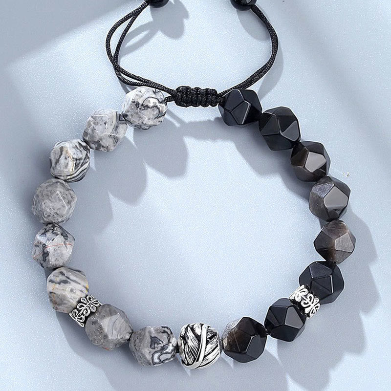 Bracciale di protezione con perline a foglia arrotolata in argento sterling 925, ossidiana naturale a taglio irregolare, diaspro grigio, Buddha Stones