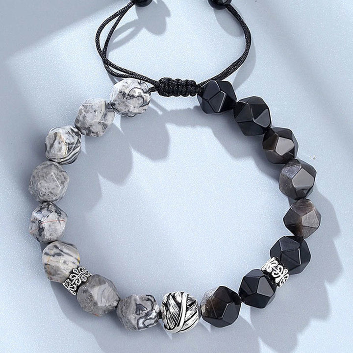 Bracciale di protezione con perline a foglia arrotolata in argento sterling 925, ossidiana naturale a taglio irregolare, diaspro grigio, Buddha Stones