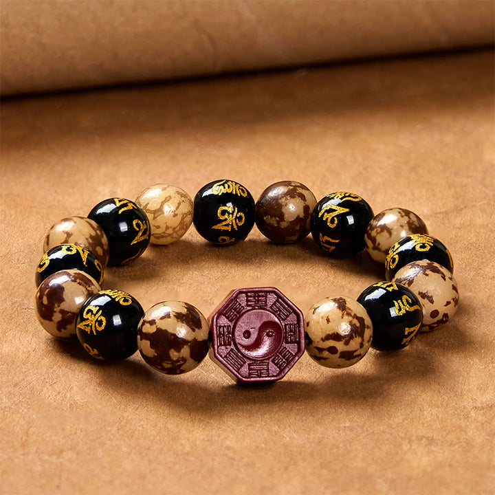 Buddha Stones Seme di Bodhi Om Mani Padme Hum Bagua Yin Yang Bracciale calmo intagliato cinabro