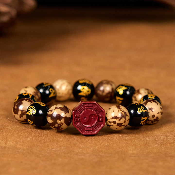 Buddha Stones Seme di Bodhi Om Mani Padme Hum Bagua Yin Yang Bracciale calmo intagliato cinabro