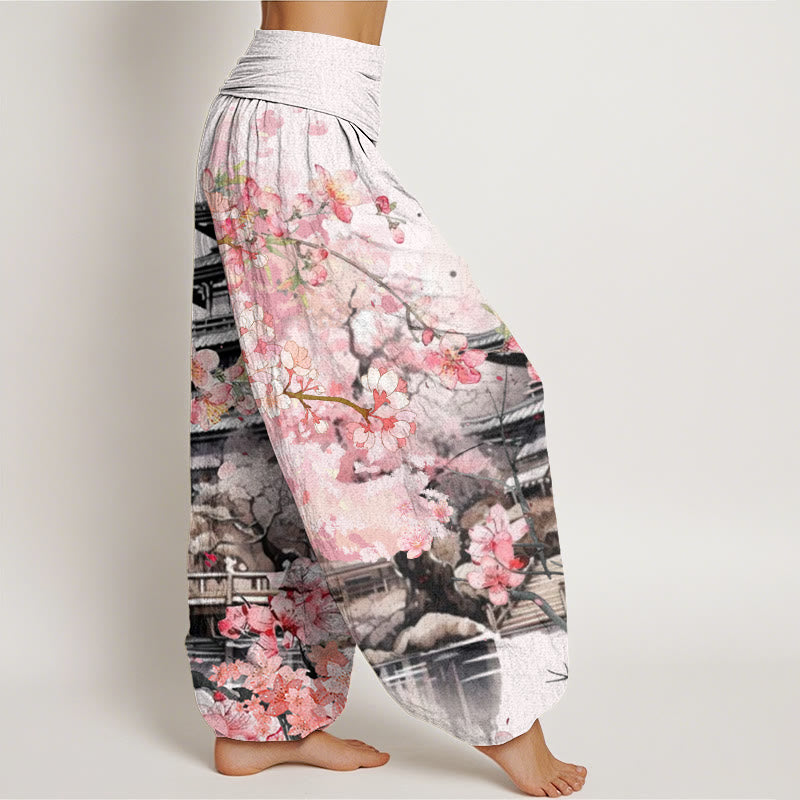 Pantaloni harem da donna con elastico in vita e motivo a fiori di ciliegio, modello Buddha Stones Pavilion - image 3
