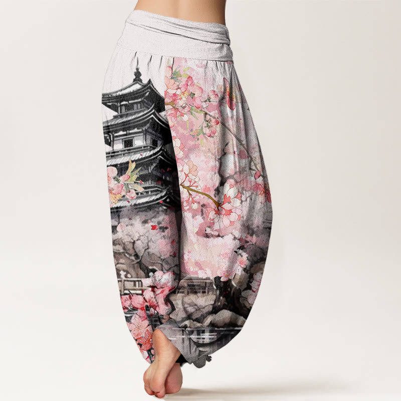 Pantaloni harem da donna con elastico in vita e motivo a fiori di ciliegio, modello Buddha Stones Pavilion - image 2