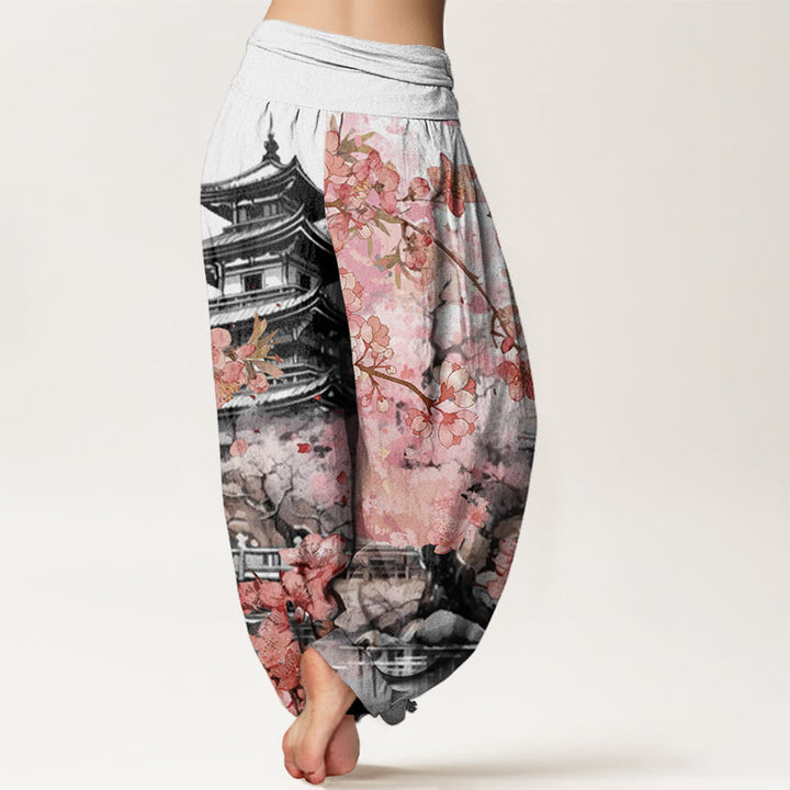 Pantaloni harem da donna con elastico in vita e motivo a fiori di ciliegio, modello Buddha Stones Pavilion - image 6