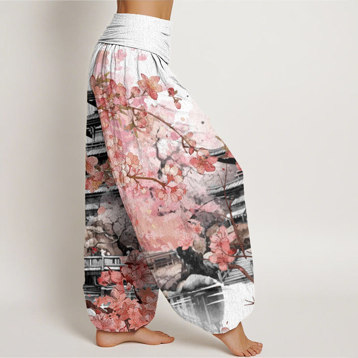 Pantaloni harem da donna con elastico in vita e motivo a fiori di ciliegio, modello Buddha Stones Pavilion - image 7