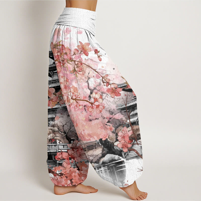 Pantaloni harem da donna con elastico in vita e motivo a fiori di ciliegio, modello Buddha Stones Pavilion - image 7