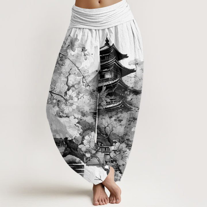 Pantaloni harem da donna con elastico in vita e motivo a fiori di ciliegio, modello Buddha Stones Pavilion - Fumo bianco - US22, UK/AU26, EU54 (6XL) - image 8