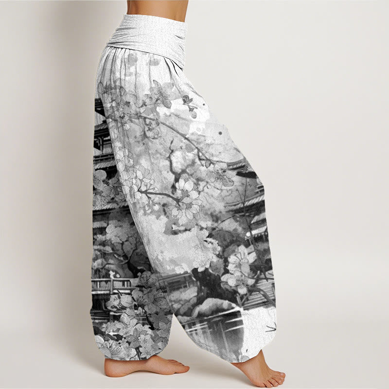 Pantaloni harem da donna con elastico in vita e motivo a fiori di ciliegio, modello Buddha Stones Pavilion - image 10